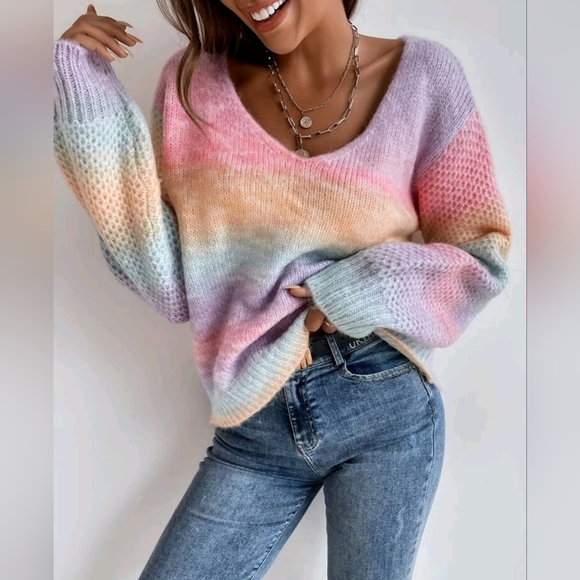 New Soft Pretty Pastel Ombre Nubby Knit Sweater Top Pink Yellow Blue - Picture 2 of 5